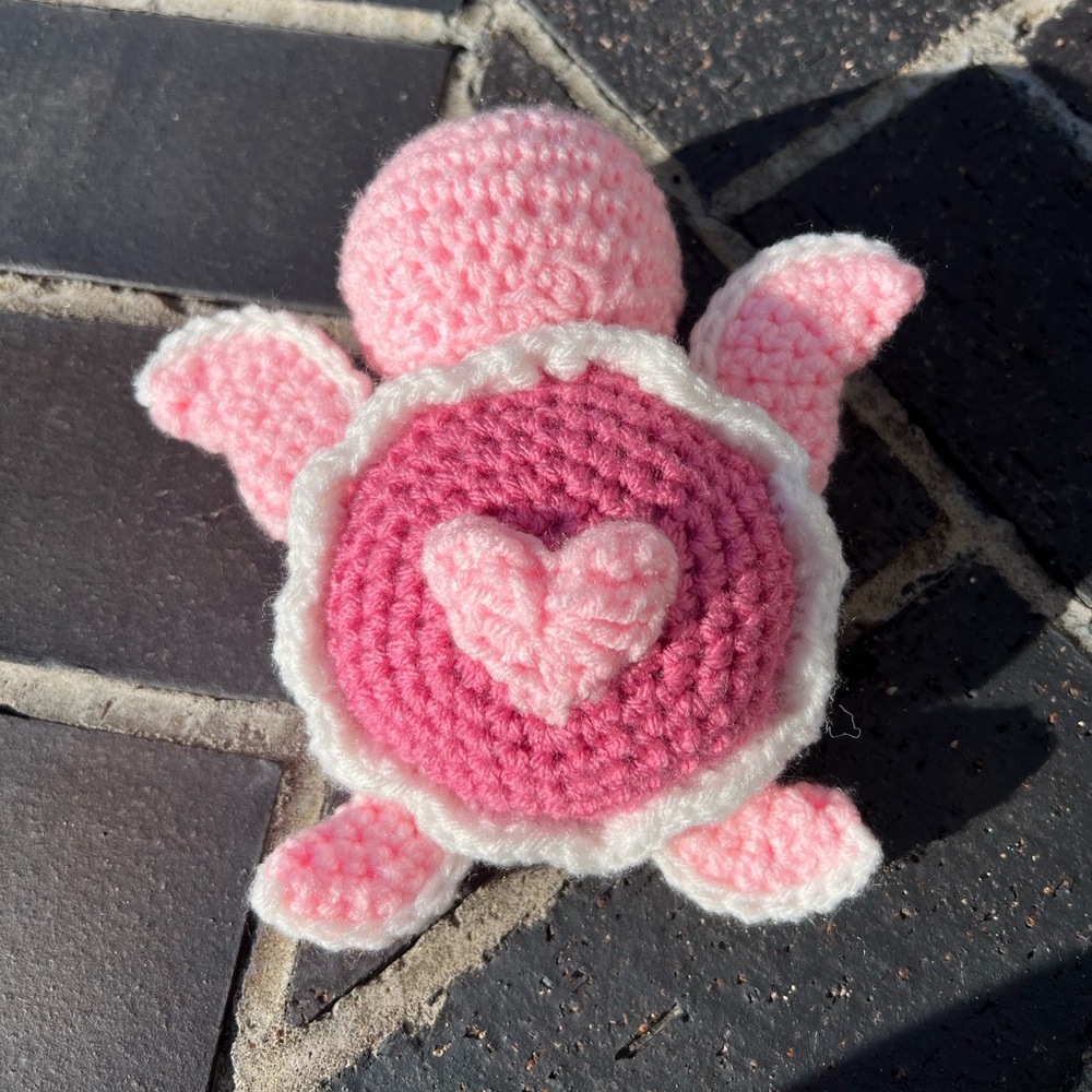 Hand Crocheted Pink Heart Valentine’s Day Turtle Plushie!